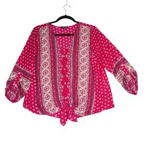 West Kei Stitch Fix Blouse Womens M Pink Floral Tie Waist Roll Tab Sleeves Boho
